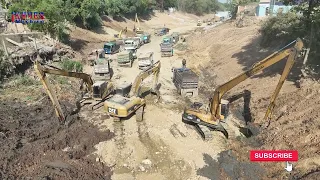 Wow Great action Dump truck unloading rock soil building foundation Canal dozer push rock, excavator
