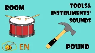 Music instruments and tools sounds. First words for baby. Onomatopoeia examples cartoon for kids