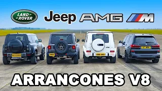 Defender V8 vs Jeep 392 vs AMG G63 vs X7 M50: ARRANCONES