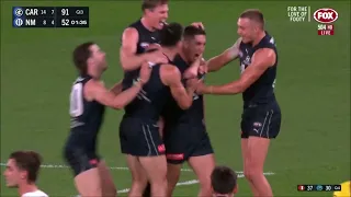 Jacob Weitering kicks a goal - AFL Round 7 - Carlton vs North