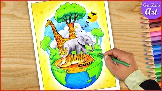 Save Wildlife Drawing | How to draw save animals save forests poster