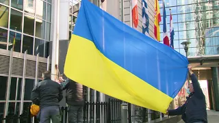 Ukraine flags in front of the European Parliament buildings in Brussels. #StandWithUkraine