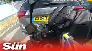 Raging driver RAMS police officer off his motorbike in horror hit and run