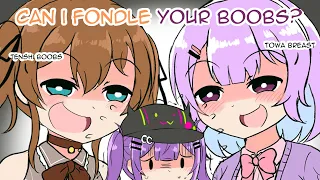 【Matsuri, Towa, Nun Bora】Can I Fondle Your B○○bs?【Hololive & NijisanjiKR Animated Clip English Sub】