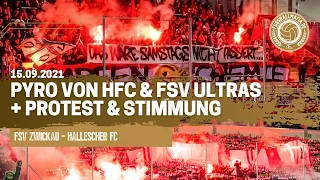 FSV Zwickau - Hallescher FC mit Pyro aus beiden Kurven | Stimmung & Protest-Aktion (HFC) 15.09.2021