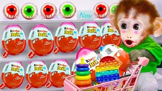 🐵Baby monkey Bi Bon goes to supermarket to buy Kinder Joy eggs candy and play with Cheese cat