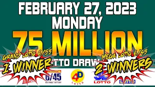 9pm Lotto Result Today Feb 27 2023 Monday - Grand Lotto 6/55, Mega Lotto 6/45