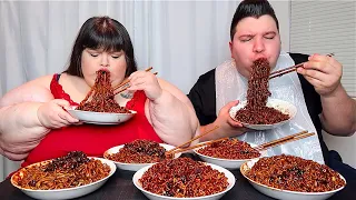 BLACK BEAN NOODLES WITH HUNGRY FAT CHICK • Mukbang & Recipe