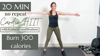 20 Min Intense Cardio HIIT Workout | No Repeats | Burn 300 calories | No Jumping HIIT Mods Shown
