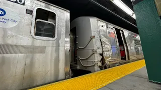 ᴴᴰᴿ ⁴ᴷ⁶⁰ Scrap Train Consisting Of Damaged R46 And R142 Subway Cars Being Towed To Concourse Yard