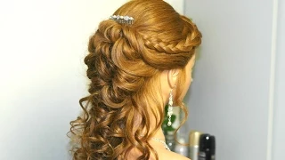 Curly prom hairstyle for long hair with french braids. Tutorial