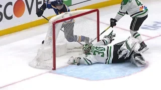 Ben Bishop shows off athleticism by swiping away puck off goal line