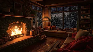 24-Hour Cozy Cabin Winter Ambience with Crackling Fireplace & Blizzard Sounds | Resting Area