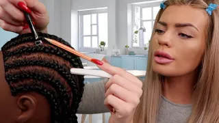 ASMR scratching your scalp between your itchy braids using random objects 💙 (hair play roleplay)