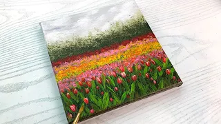 The EASY way to paint a spring TULIP FIELD! Colorful flower field painting for beginner with acrylic