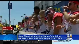 Joey "Jaws" Chestnut wins Nathan's hot dog eating contest; Oxford's Geoffrey Esper finishes 2nd