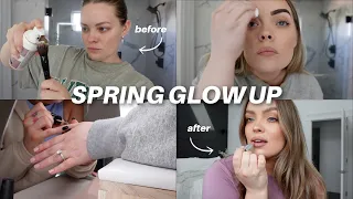 Spring GLOW UP Transformation: hair, makeup, self tan routine, brow tint, nails, cute outfit!