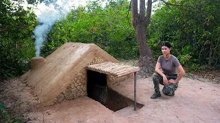 COMPLETE EARTH LODGE CABIN BUILD | Warm Survival Shelter, Mud roof & Fireplace with Clay