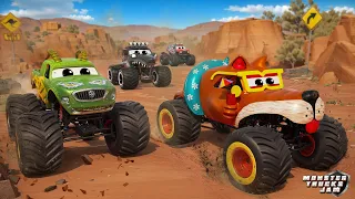 Who Will Win? Monster Trucks Epic Battle Race in the Desert! Freestyle Racing Adventures