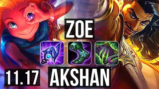 ZOE vs AKSHAN (MID) | 12/0/8, 7 solo kills, Legendary, 300+ games | KR Diamond | v11.17