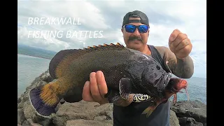 Catching Giant Peacock Grouper On The Hilo Breakwall // Fishing Hawaii