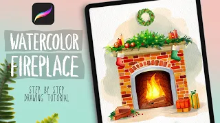 CHRISTMAS FIREPLACE 🎄Watercolor Painting Tutorial in Procreate