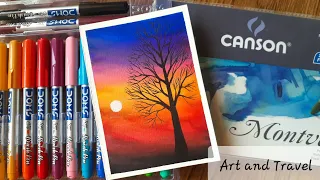 Evening Scenery and Tree Silhouette Watercolor Art with DOMS Brush Pens / Art and Travel