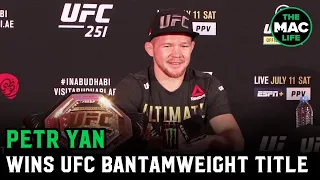 Petr Yan reacts to title victory over Jose Aldo on Fight Island at UFC 251