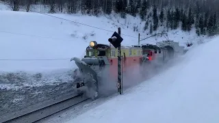 Awesome powerful snow Plow Train in Russia Blower Through  Snow railway tracks