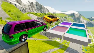 High Speed Car Jump In Red & Green & Blue & Purple Pool - BeamNG.drive Epic Pool Jumps (Crash Test)
