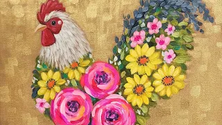 EASY! How to Paint a Floral Rooster Acrylic Painting LIVE Tutorial