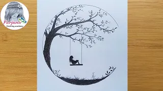Alone Girl swinging in a tree || How to draw a sad girl || كيفية رسم فتاة حزينة