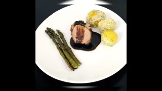 Pork tenderloin with potatoes & asparagus. Maple syrup sherry vinegar sauce. Very simple recipe.