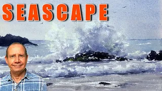 How to paint a watercolor seascape - sea spray, waves, and rocks. Step by step ocean spray seascape.