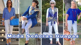 LINDAS COMBINACIONES DE MODA PARA SEÑORAS DE 50 60 Y 70 AÑOS CÓMO VESTIR PANTALON BLANCO