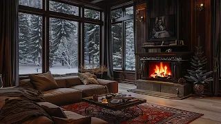 Cozy Living Room with Fireplace When Its Snowing | Deep Sleep, Focus, Study and Relax