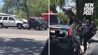 Enraged driver stomps in windshield after purposely ramming car