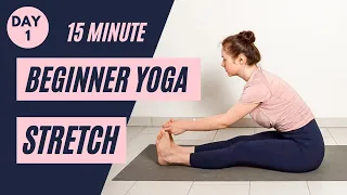 15 min FULL BODY BEGINNER YOGA STRETCH - Day 1 | Beginner Yoga Challenge | Yoga without a mat