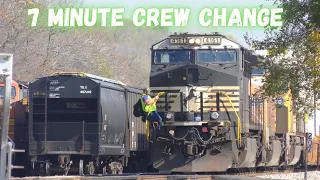 The fastest crew change I've ever seen has to make room for the train behind them