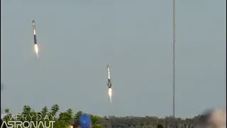 Falcon Heavy slo-mo launch and landing (Watch the sound ripple through the exhaust at 120 FPS)