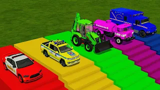 TRANSPORTING FIVE COLOR NEW HOLLAND TRACTOR, RIGITRAC, POLICE DODGE, HUMMER, MERCEDES! - FARMING 22