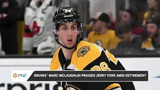 Bruins' Marc McLaughlin reacts to Jerry York retirement