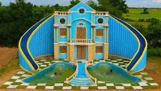 Top Ancient Skills! Build Two Story Classic Mud Villa, Twin Water Slide & Swimming Pool In Forest