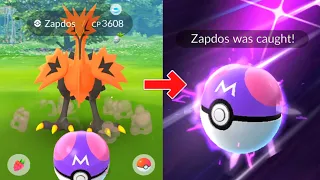 Catching Galarian Zapdos using MASTER BALL in Pokemon GO.