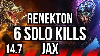 RENEKTON vs JAX (TOP) | 6 solo kills, 600+ games, 8/2/2 | EUW Master | 14.7