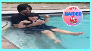 Kids outdoor fun activity swimming in the pool|Haider having fun with his Dad in the pool|