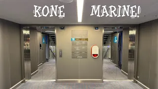 All 3 banks of Kone Marine elevators on Virgin Voyages Scarlet Lady Cruise Ship