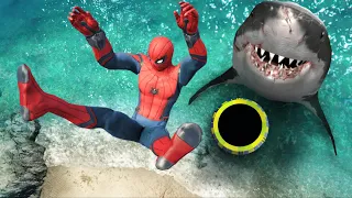 GTA 5 Water Ragdolls | SPIDERMAN Water Trampoline Jumps/Fails 3 (Megalodon Shark)