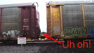 Cars bust though auto racks on train that goes into emergency!!!! MUST WATCH!!!!