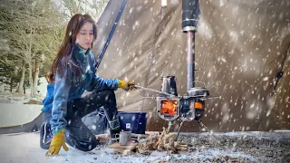 Hot Tent Camping Alone in a Remote Valley with Snowstorm and Rain